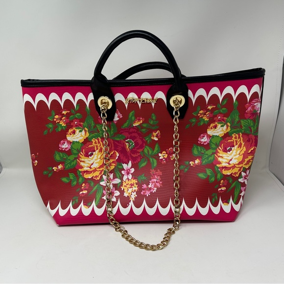 Betsey Johnson Handbags - Betsey Johnson red roses double handle gold chain tote bag